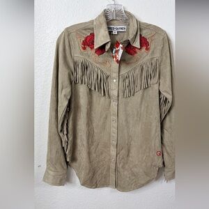 Rodeo Quincy NWT fringe western collar button down with Red embroidered floral S